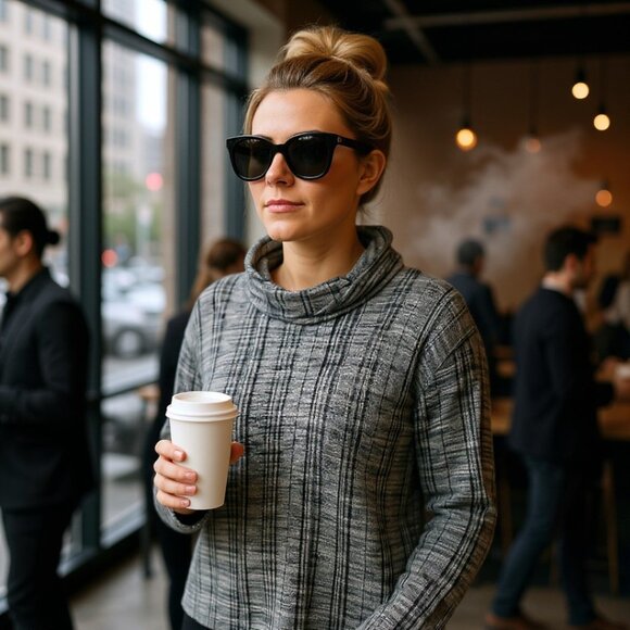 Knox Rose Plaid Cowl Neck Sweater Top XXL Gray Black Cozy Stretch Lounge - Picture 2 of 9